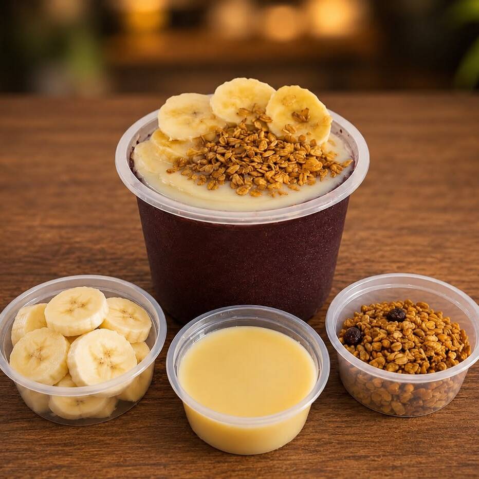 Açaí de Moleke, cremoso e bem servido. Acompanhamentos à escolha e separados em potes