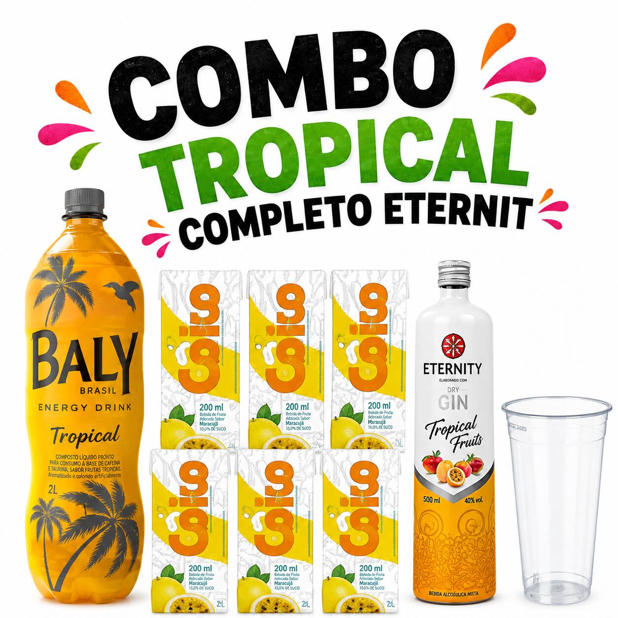 Combo Gin Eternity Tropical, 5 gelos maracujá, 1 garrafa Gin Eternit 910 ml, 1 Energético 2 Litros Tropical e 4 copos ‘