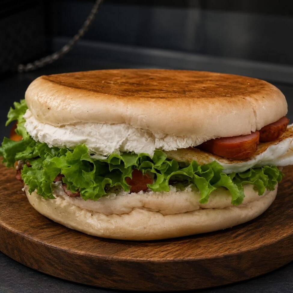 Pao De Hamburguer Fresquinho ,Hamburguer Perdigao,Maionese, Presunto,Queijo Mussarela,Tomate Alface E Uma Salsicha Deliçiosa. A Pedido Dos Fans De Vina !