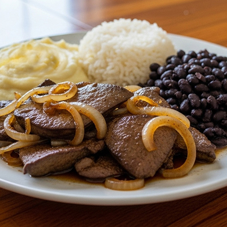 Iscas de fígado aceboladas com um delicioso purê de batata, acompanhadas de arroz soltinho e feijão fresquinho.