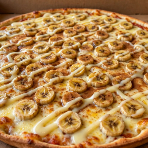 Banana em rodelas, leite condensado em fios e canela. Borda fina simples.