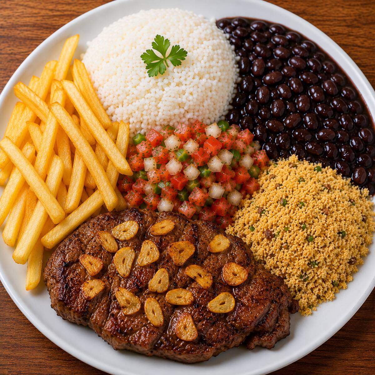 Arroz, Feijão, batata frita, Farofa, vinagrete e macarronese