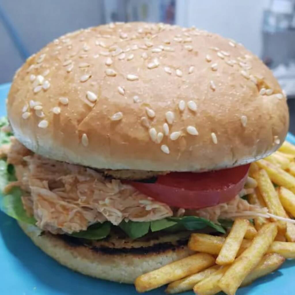 Hamburguesa de Pollo Mechado y Papas