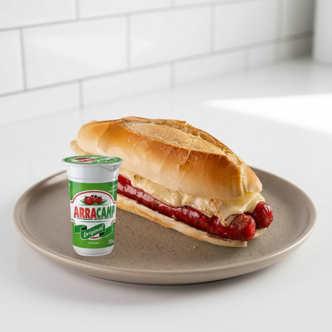 Delicioso sanduíche com 2 linguiças finas cobertas com queijo prato ou mussarela no pão francês + Guaraná Natural 285ml