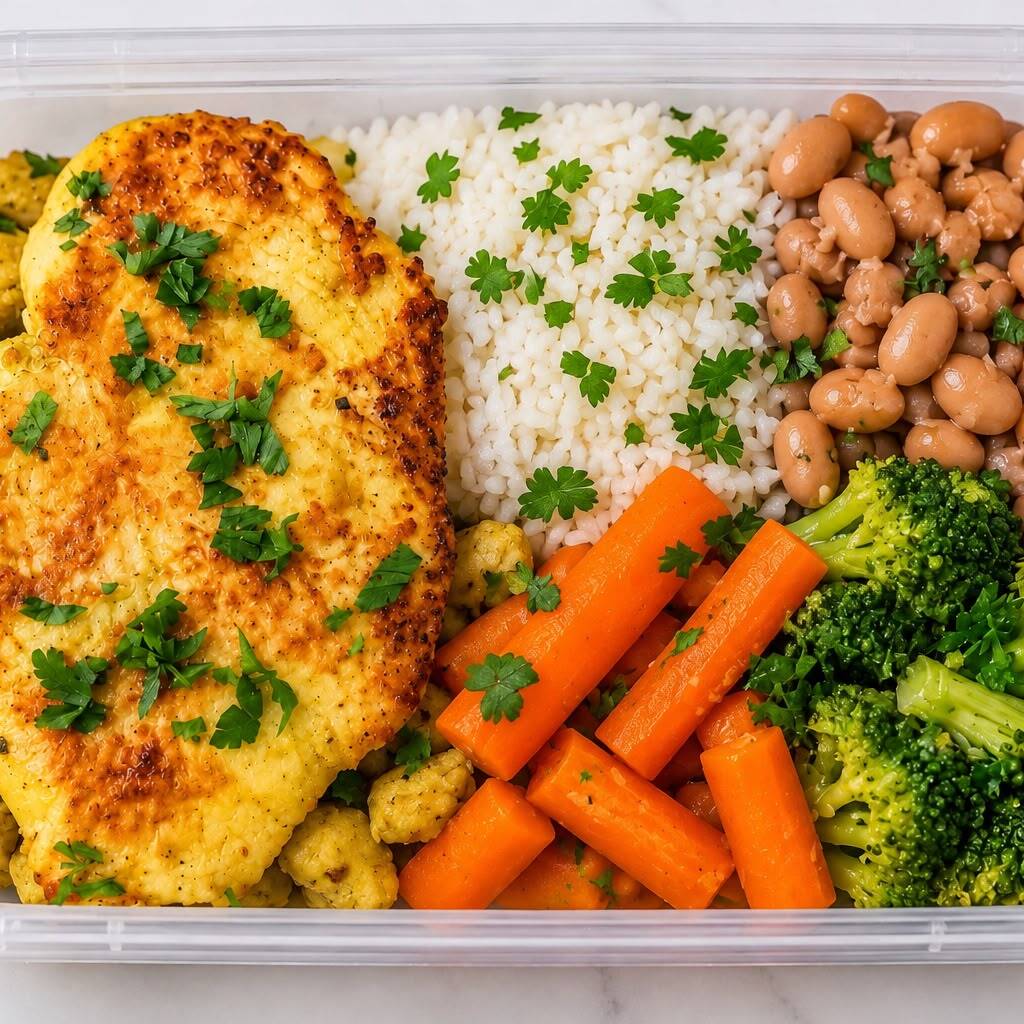 130 g de frango grelhado, 120 g de arroz branco cozido, 80 g de feijão, 100 g de legumes e 5 g de azeite. Uma refeição completa e equilibrada, com frango grelhado, arroz, feijão e legumes para facilitar sua rotina. ≈500 kcal | ≈43 g de proteína.