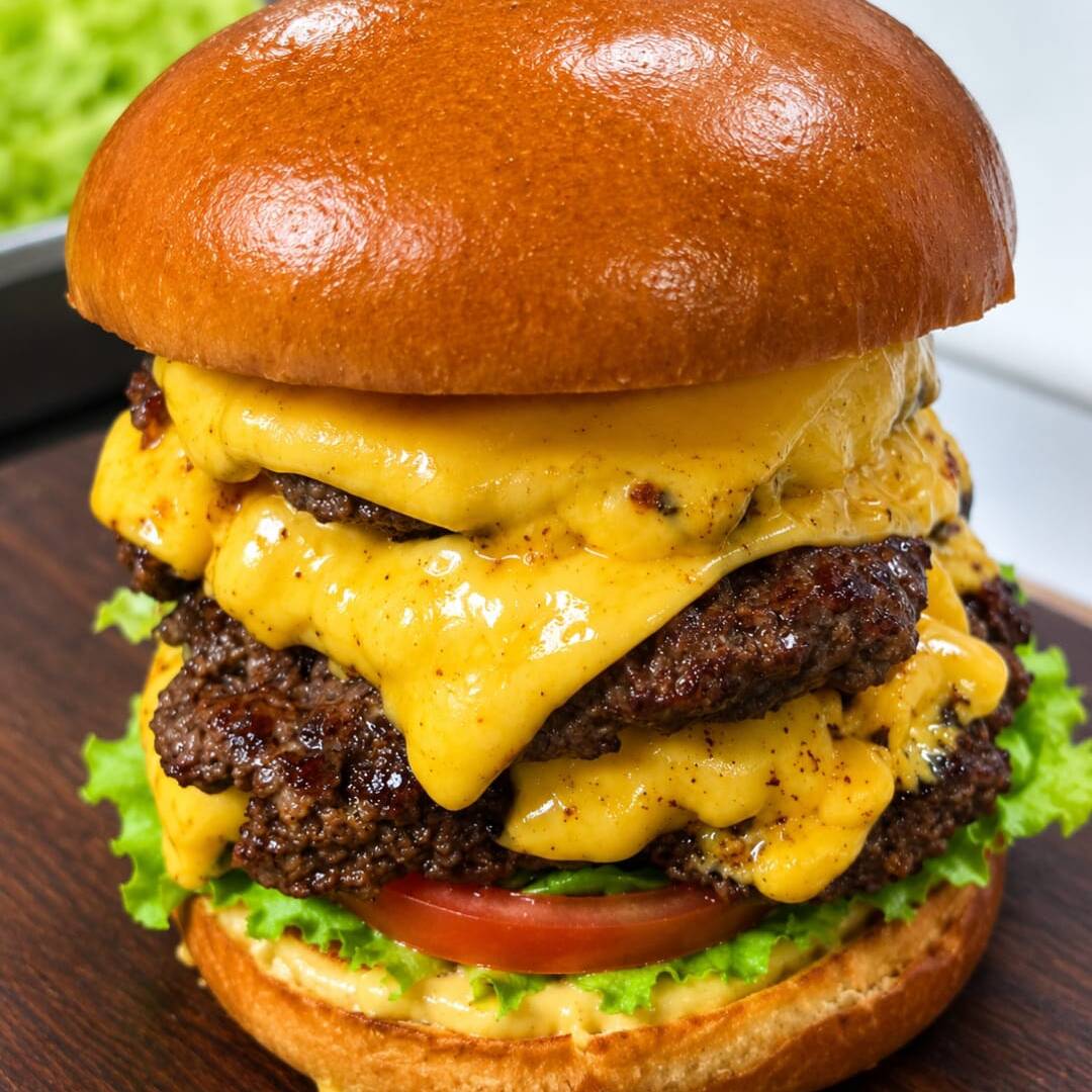 Pão Brioche, Maionese do chef, Alface americana, tomate, 3 burguer smach de 80g, queijo cheddar