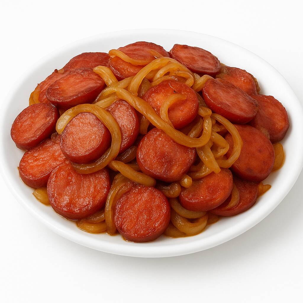 Deliciosas fatias de calabresa Aurora fritas no ponto ideal e acompanhadas de cebola douradinha, um sabor irresistível.