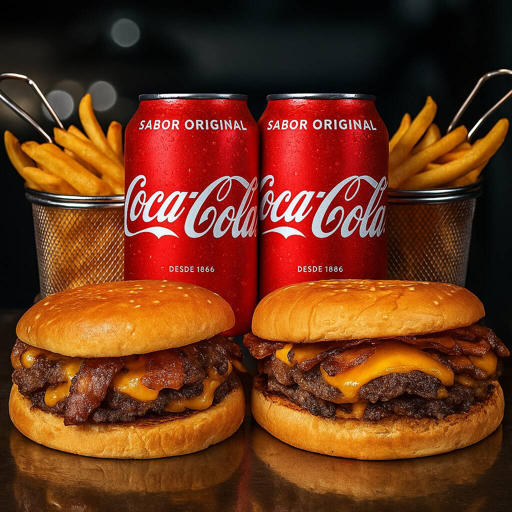 02 X-Duplos artesanais 02 Batatas P 02 Coca-cola lata 350ml
