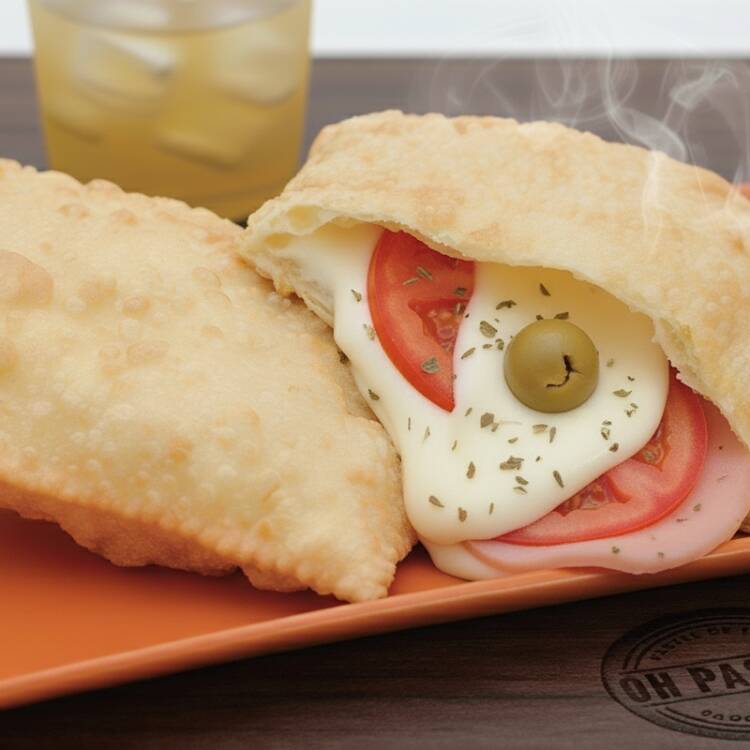 Pastel quentinho e frito na hora, muito queijo, presunto, tomate fresco, azeitonas saborosas e uma pitada de orégano. Aquele sabor que vicia.
