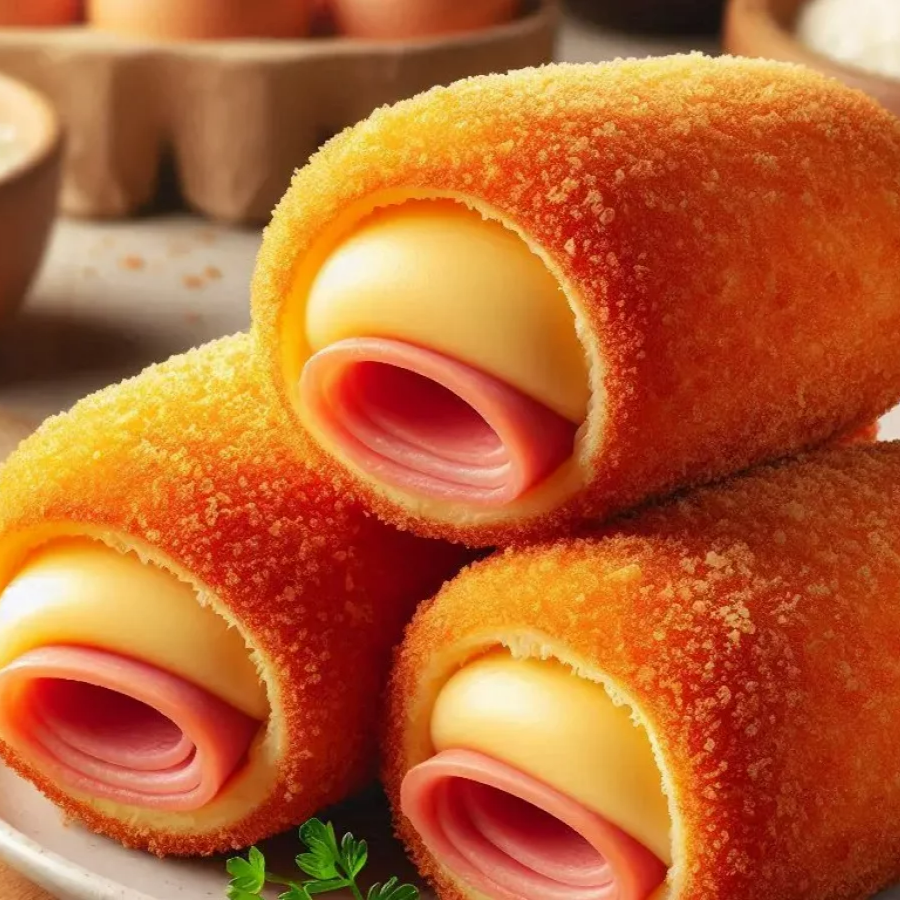 Risoles recheado com presunto suculento e queijo derretido, envolto em uma massa crocante.