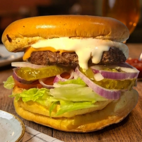 Sanduíche clássico contendo Alface Americana, Duas Rodelas de Tomate, Cebola Roxa, Picles de Pepino, Hambúrguer Artesanal de 100g, Cheddar Melt, Maionese da Casa e Ketchup