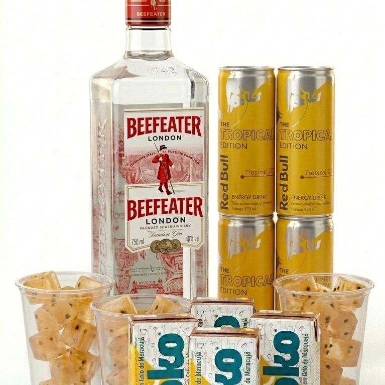 1X GIN BEEFEATER 750ML
4X RED BULL 250ml ( MANDAR A ESCOLHA NO PEDIDO, TEM TRADICIONAL, TROPICAL E MELANCIA)
4X GELO SABOR ( MANDAR A ESCOLHA NO PEDIDO,TEM COCO, MARACUJÁ, MAÇÃ VERDE E MELANCIA)
4X COPOS 700ml