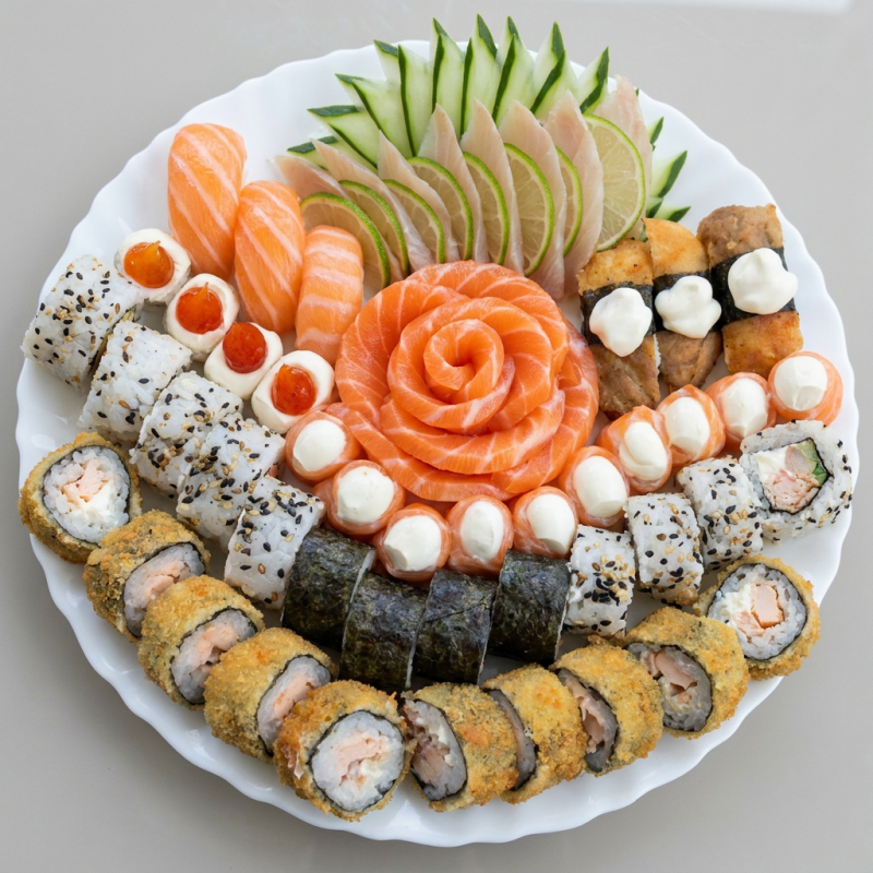 8 sashimis de salmão, 8 sashimis de tilápia, 6 niguiris variados, 8 gunkan variados, 10 uramaki variados, 10 hot filadelphia