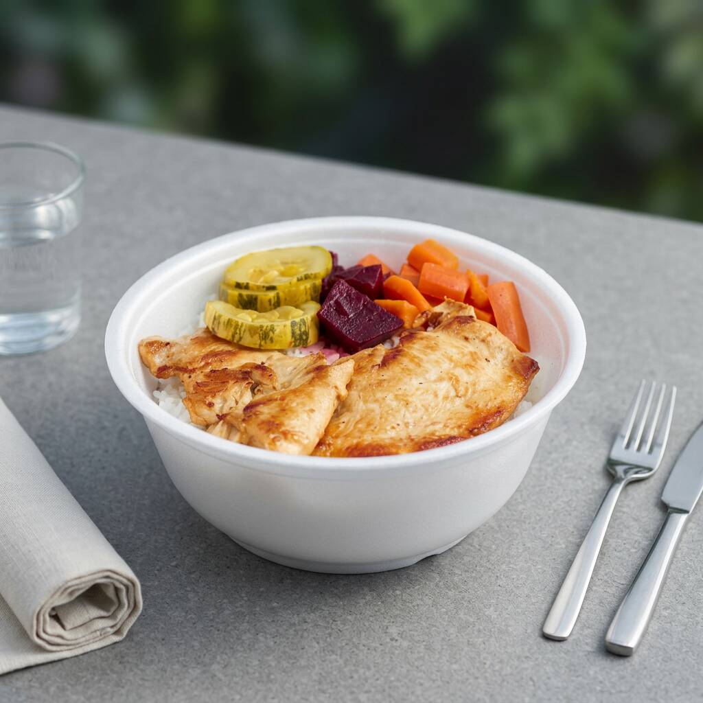Filé de frango grelhado, Arroz, feijão e legumes.