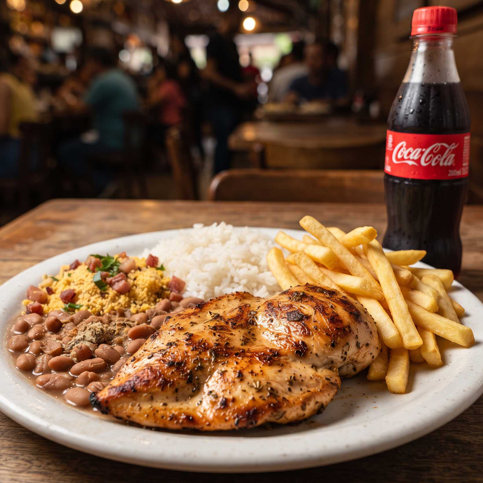 Aprecie o saboroso Filé de Frango Grelhado, suculento e perfeitamente temperado, que vem acompanhado de um arroz fresco e soltinho, o tradicional feijão brasileiro bem temperado, uma farofa crocante e incrivelmente saborosa, e batatas fritas douradas e crocantes. Para completar, incluímos no combo uma Coca Cola de 200ml, gelada e refrescante. Essa é a escolha perfeita para quem busca uma refeição completa e deliciosa na categoria 'Pratos Executivos'.
