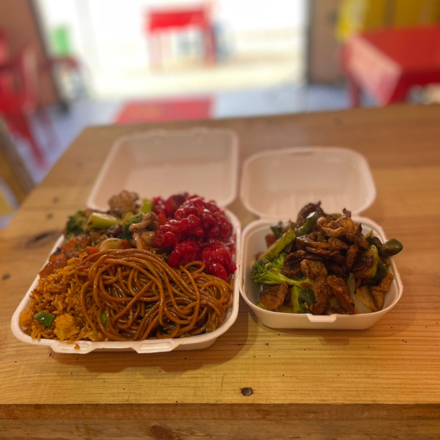 agridulce, pollo con brocoli y puerco picante