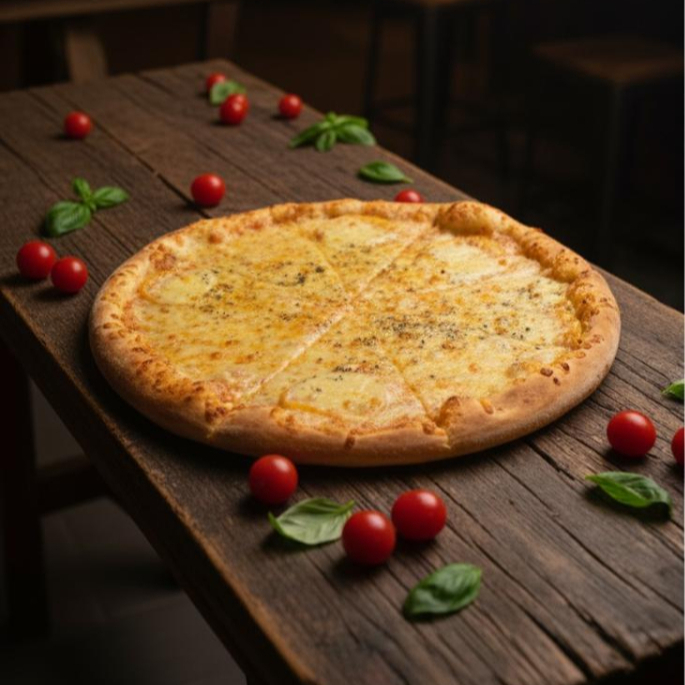 Massa tradicional, molho ao sugo, mussarela, tomate e orégano.