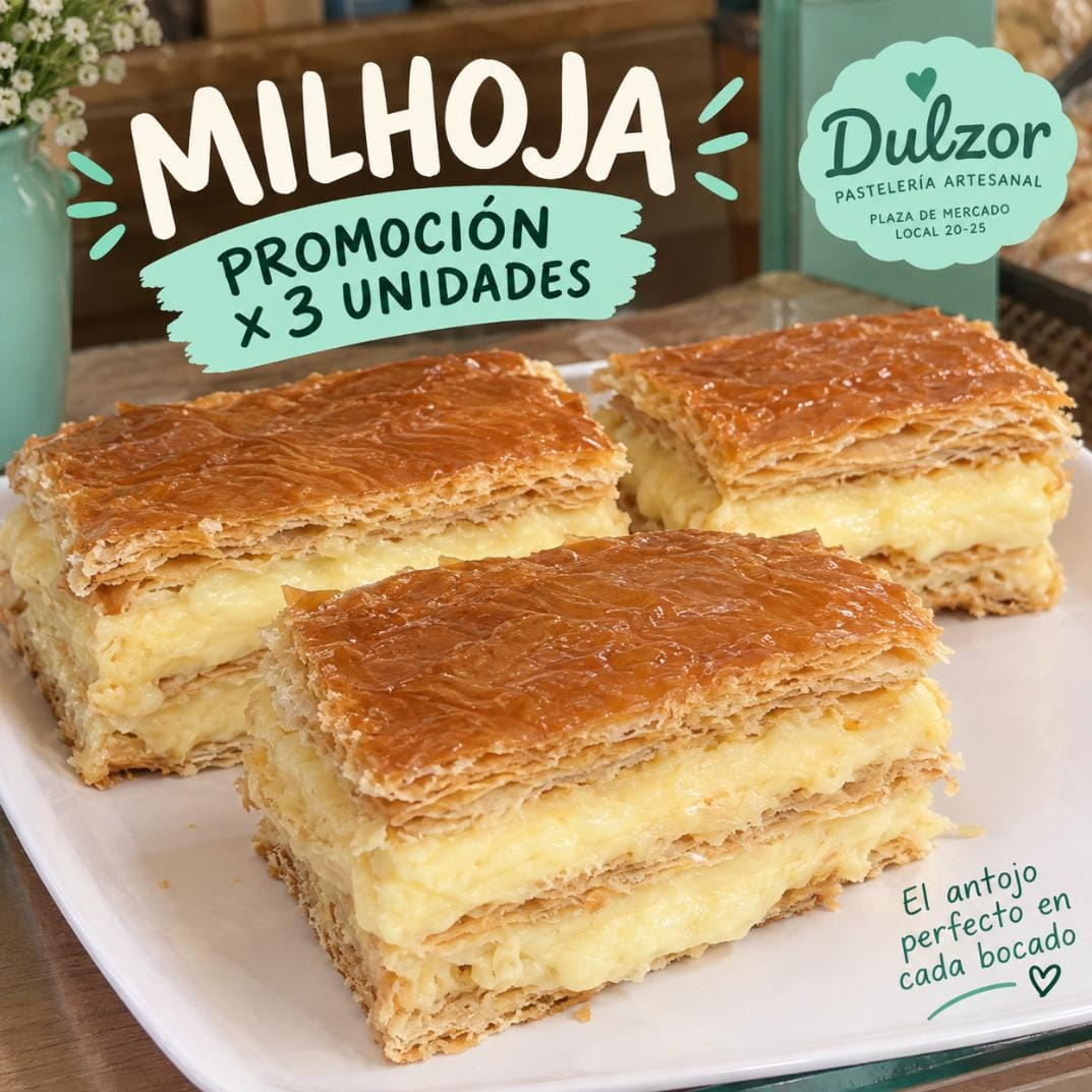 3 MILHOJAS FRÍAS CON AREQUIPE Y CREMA PASTELERA