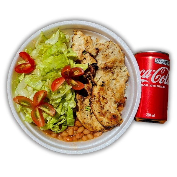Filé grelhado no ponto certo, salada fresca, arroz soltinho, feijão caseiro e Coca-Cola 220ml pra completar!