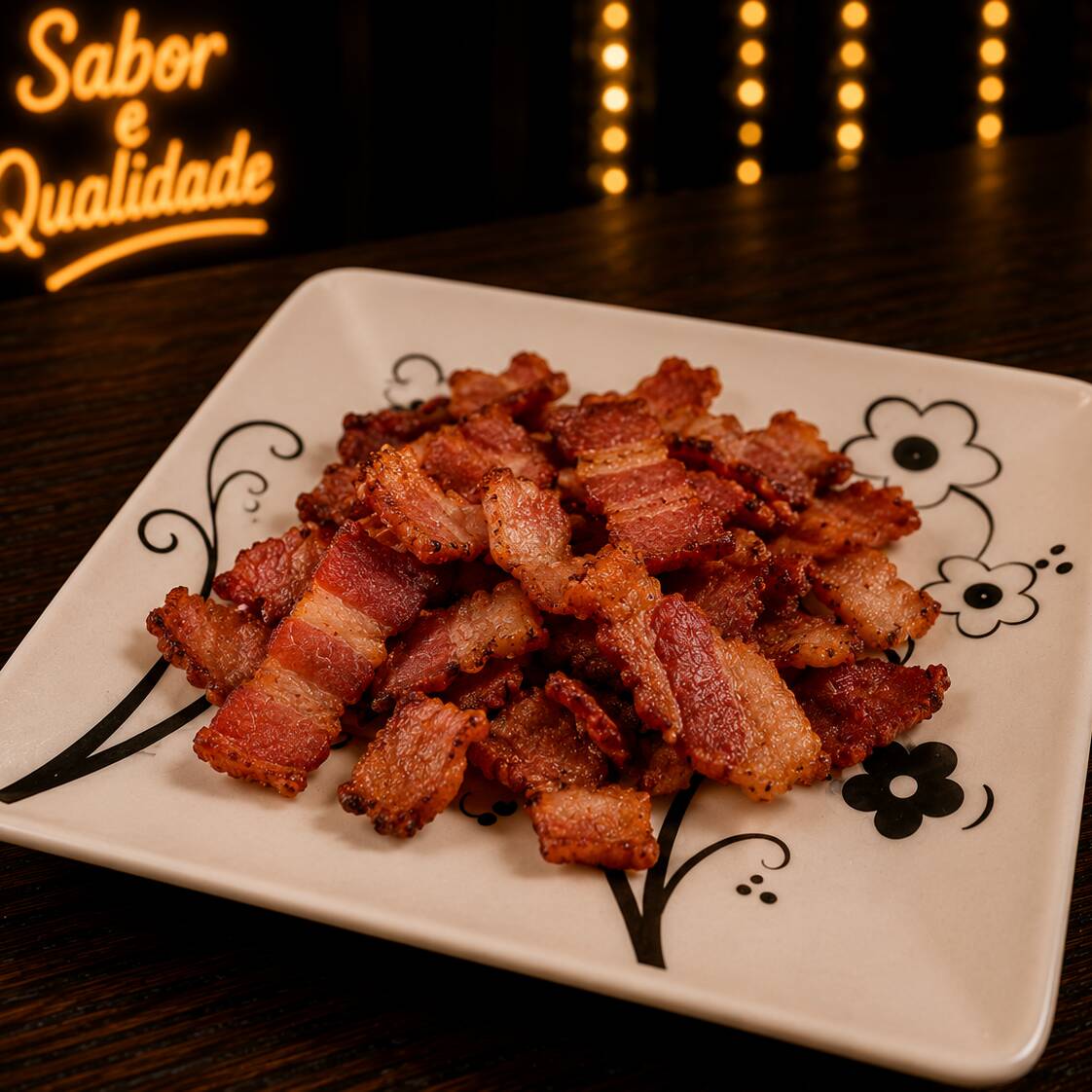 Porção de bacon dourados e crocantes, preparada na hora para deixar seu caldo ainda mais saboroso. O acompanhamento perfeito para adicionar aquele toque especial defumado e irresistível.