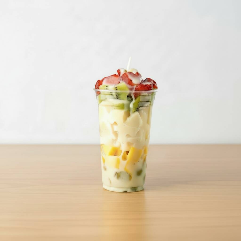 Obs: Temperatura Ambiente Pois As Frutas São Picadas Na Hora A 'Salada de Frutas c/ Leite Condensado' é uma explosão de sabores tropicais. Repleta de frutas frescas e suculentas como banana, morango, kiwi, manga e uva, cada garfada é uma viagem ao paraíso. Para tornar o prato ainda mais indulgente, adicionamos uma generosa porção de leite condensado, proporcionando um delicioso contraste entre doce e fresco. Caso prefira a versão mais leve, é só mencionar na observação para retirarmos o leite condensado. Uma das novidades mais saborosas do nosso menu!