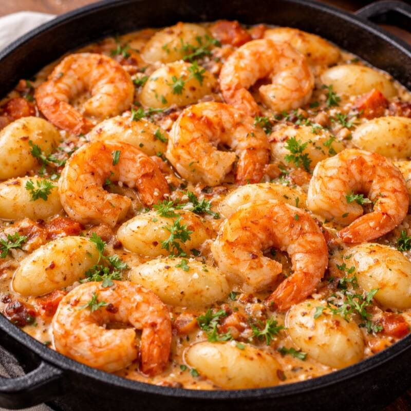 Gnocchi de batata artesanal com camarões refogados, molho bisque um toque de molho de tomate e manjericão fresco e gratinado no forno a lenha.