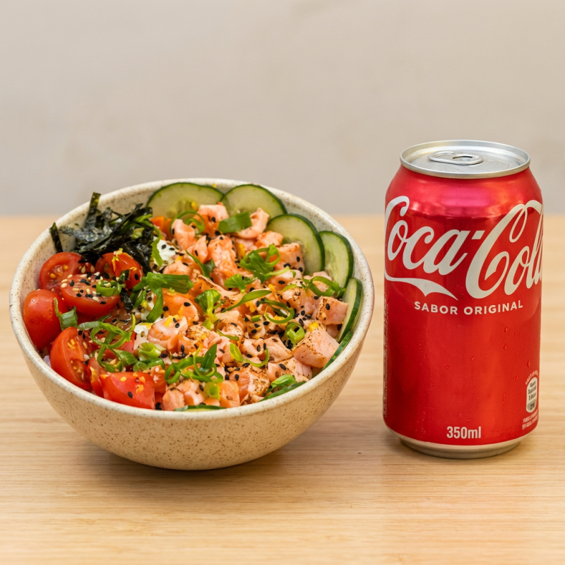 Arroz gohan, salmão maçaricado, koa cream cheese, pepino, tomate, azeite trufado, raspa de limão siciliano, cebolinha, gergelim, e alga nori. Acompanha molho havaiano e com a promo você leva uma coca cola zero ou comum.