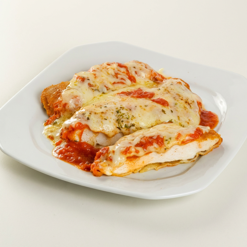 Arroz, feijão, filé de frango empanado coberto com molho de tomate e queijo