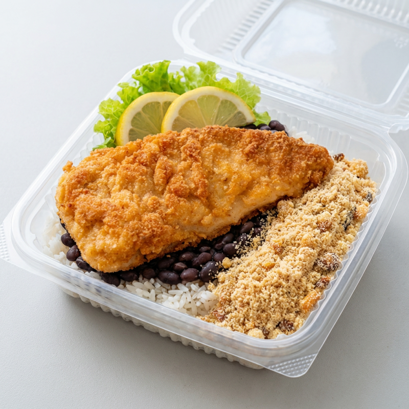 O frango à milanesa é servido, com uma camada de empanado que envolve o frango suculento e bem temperado. Acompanhado de arroz soltinho e feijão caseiro, enquanto a farofa saborosa completa o conjunto tornando a refeição harmoniosa e saborosa.