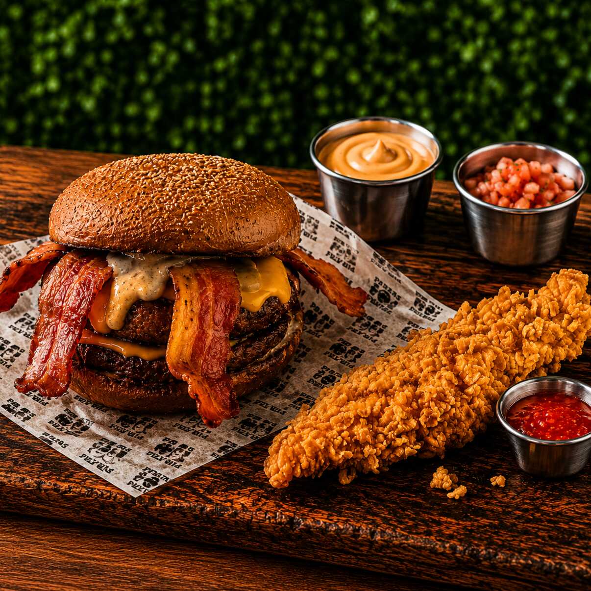 Aproveite o 'Picanha Premium da categoria 'Burguer's'. Este suculento hambúrguer é feito com um blend de pura carne de picanha 165g que garantem uma explosão de sabor. Acompanha irresistíveis fatias de cheddar derretido, que adicionam uma cremosidade ímpar ao prato. enquanto as fatias de bacon crocante acrescentam a pitada perfeita de sal e textura. Tudo isso harmoniosamente envolvido pelo nosso exclusivo e secreto molho da casa, que é a cereja do bolo deste delicioso burguer. Experimente e encante-se!