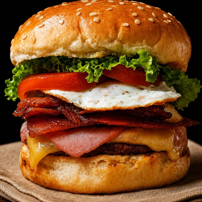 Apresentamos o Emi's Egg Bacon: um irresistível hambúrguer com pão brioche, alface, tomate, hambúrguer, queijo muçarela, presunto, ovo, o dobro de bacon e maionese de alho.