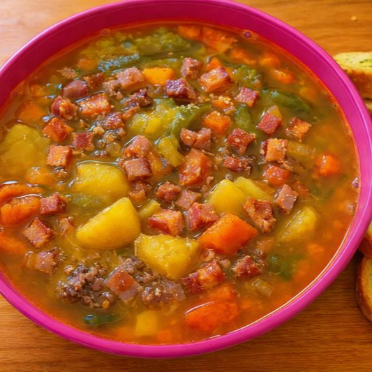 Caldo de mandioquinha com calabresa e bacon, cebolinha e torradas temperadas.