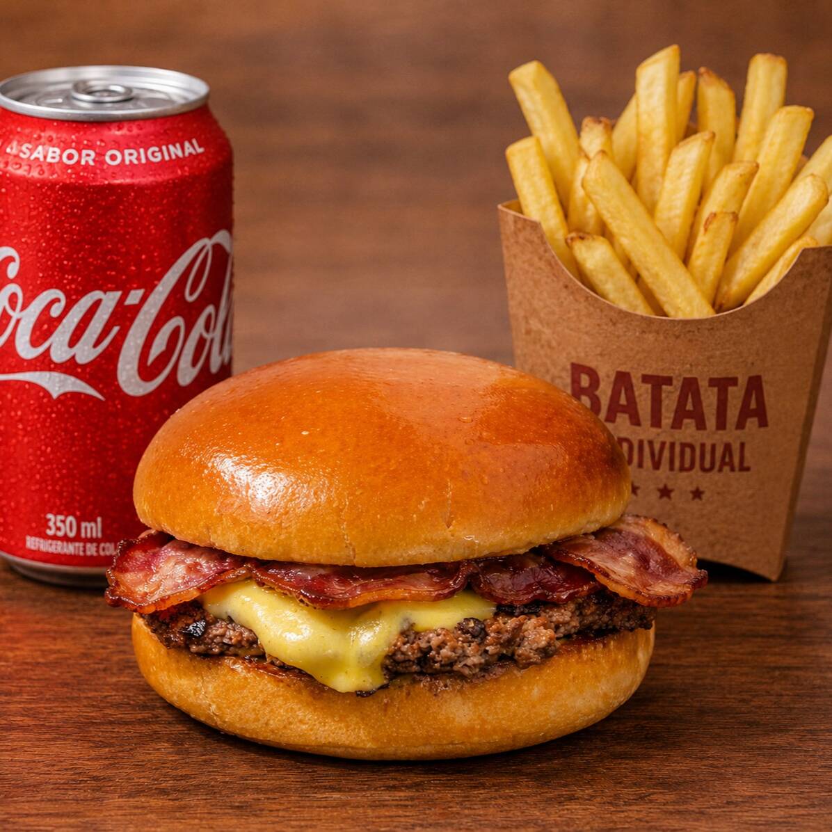 Burger Smash bacon+batata individual+Coca 350 ml
