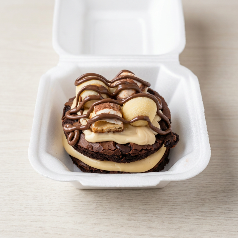 Duas camadas de brownie suculento, com recheio cremoso de Kinder Bueno, finalizado com Nutella e creme de chocolate branco.