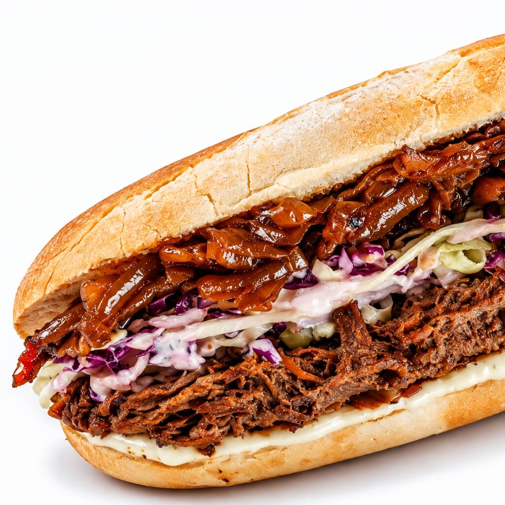 Baguete, Pulled Pork defumado e desfiado, maionese da casa, salada coleslaw, cebola caramelizada