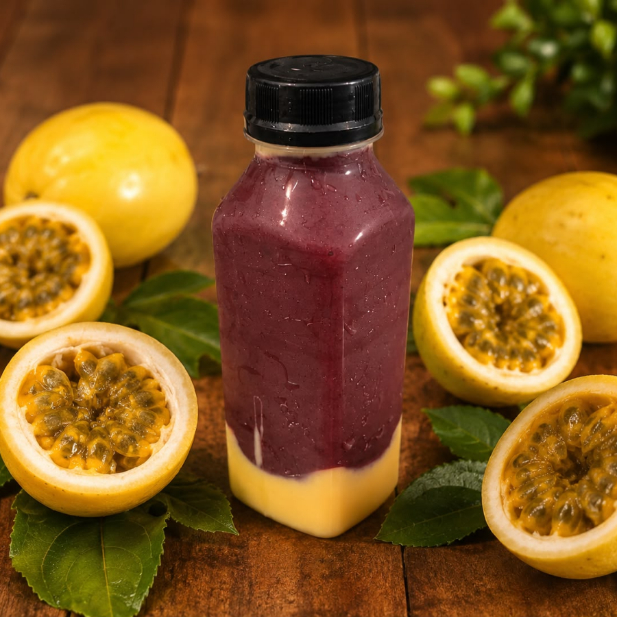 Açaí na Garrafa – Mousse de Maracujá Batida cremosa feita com açaí premium, leite condensado, leite Ninho e leite integral, servida com uma deliciosa camada de mousse de maracujá. O equilíbrio perfeito entre a cremosidade do açaí e o toque refrescante e levemente azedinho do maracujá. Uma combinação irresistível do primeiro ao último gole!