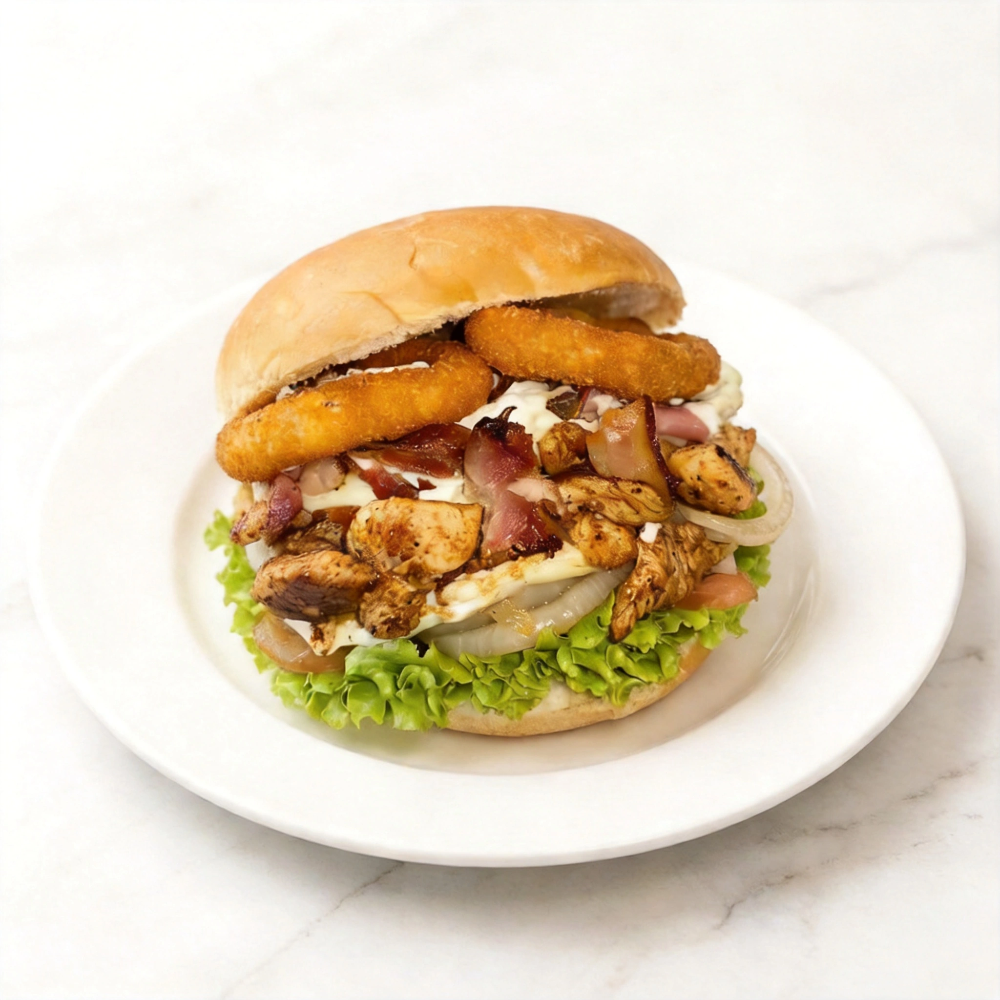 Frango em cubo , bacon , ovo , queijo musarela , creme chease , presunto , verduras , milho e batata palha .