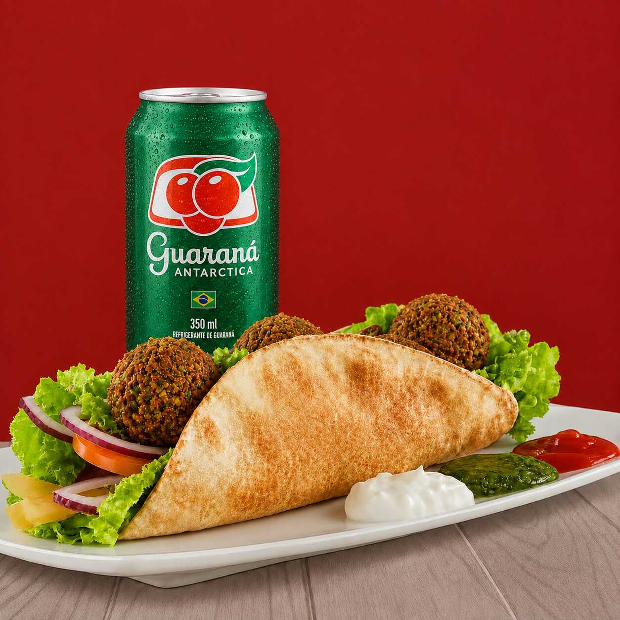 Shawarma de falafel crocante com creme de alho, alface, tomate, cebola e batata frita, acompanhado de Guaraná Antarctica lata 350ml.