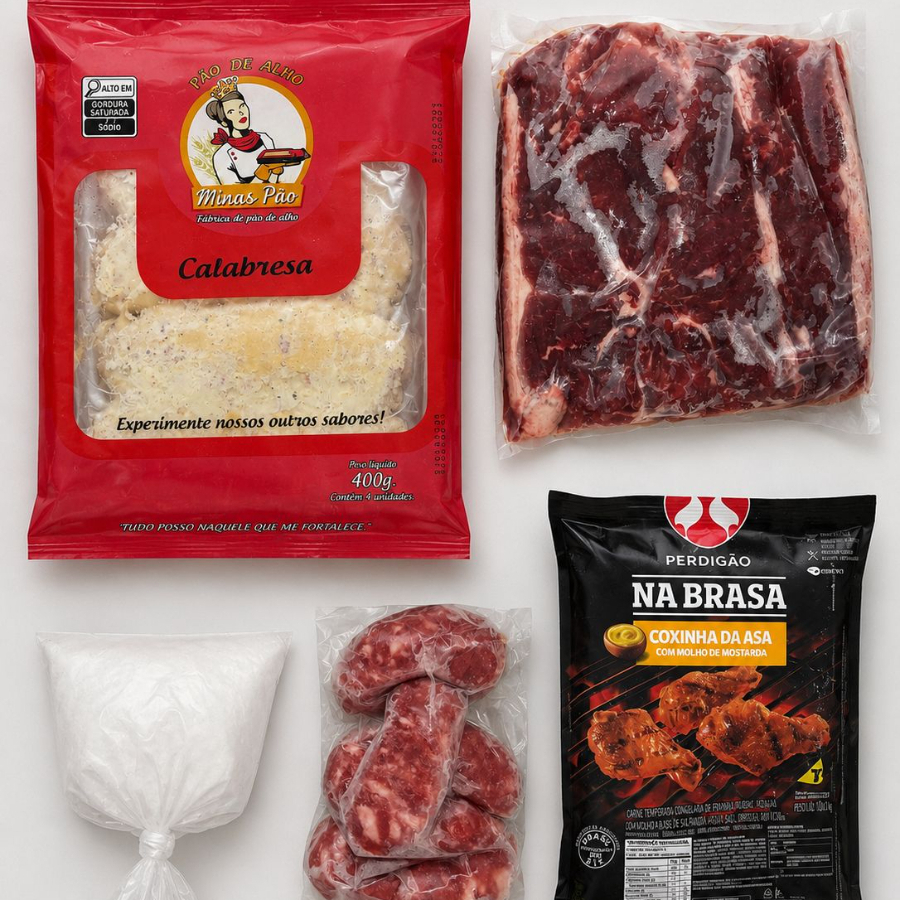 1 PCT CONTRA FILÉ 1KG
1 PCT DRUMET NA BRASA 800GR
1 PCT LINGUIÇA GOURMET 600GR
1 PCT PÃO DE ALHO
1 PCT SAL GROSSO
1 PCT CARVÃO 2,5KG
