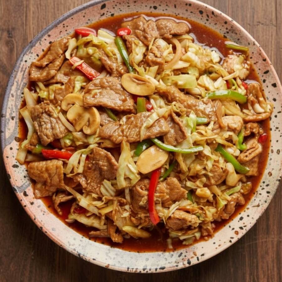 Carne bovina fatiada com cogumelos, cebola, pimentões verdes e vermelhos, e repolho, envolvidos no clássico molho do Lig-Lig. Preparado no wok chinês de forma artesanal com ingredientes frescos.