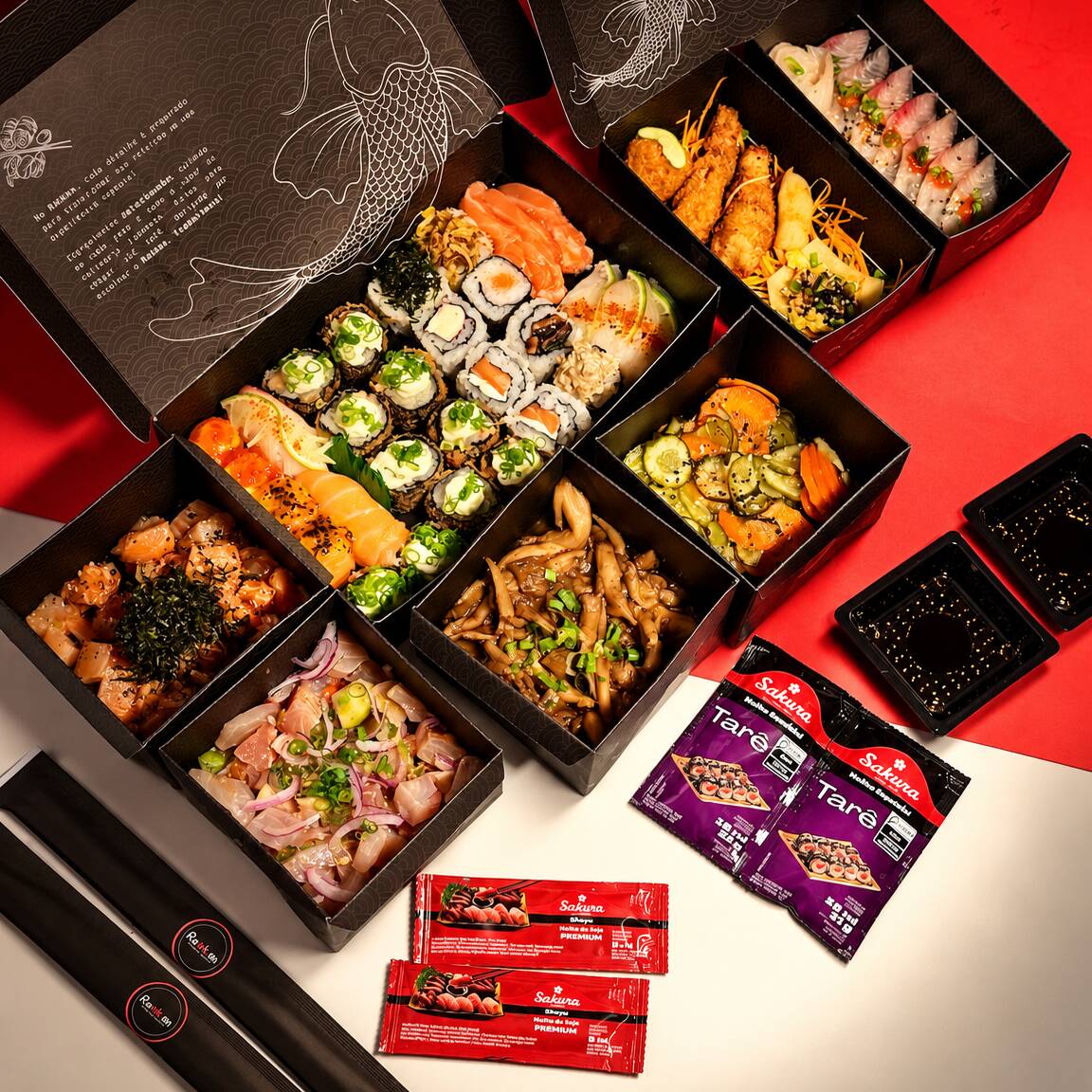 1 sunomono, 1 chips pate salmao, 1 rolinho primavera, 1 guioza, 1 ceviche, 1 carpaccio, 1 tataki, 1 shimeji, 6 sushis variados, 6 hots, 1 kanirol, 4 gunkans salmão, 1 gunkan tilápia, 4 sashimi salmão, 4 sashimi tilápia.