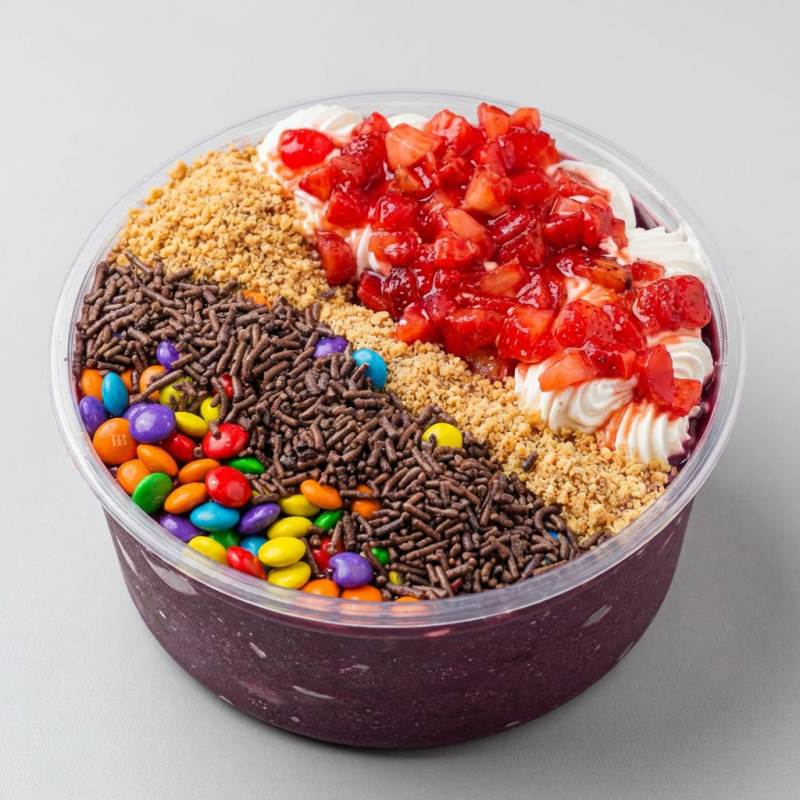 Seu Açaí batido com diversas opções de guloseimas sem pagar adicional.