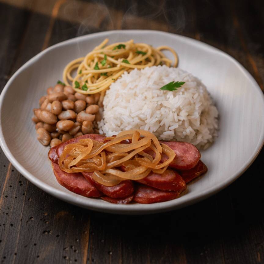 Calabresa douradinha e suculenta, servida com arroz branco soltinho, macarrão ao alho e óleo e feijão temperado no ponto certo. Simples, saborosa e marcante!