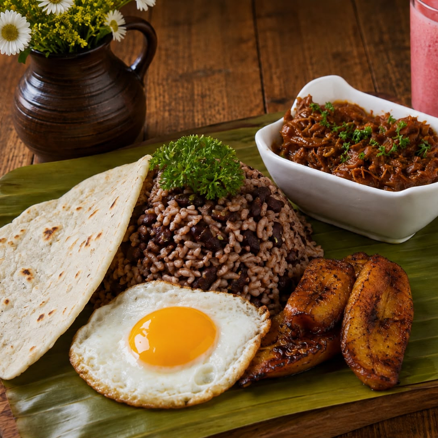 Gallo Pinto con Carne en Salsa