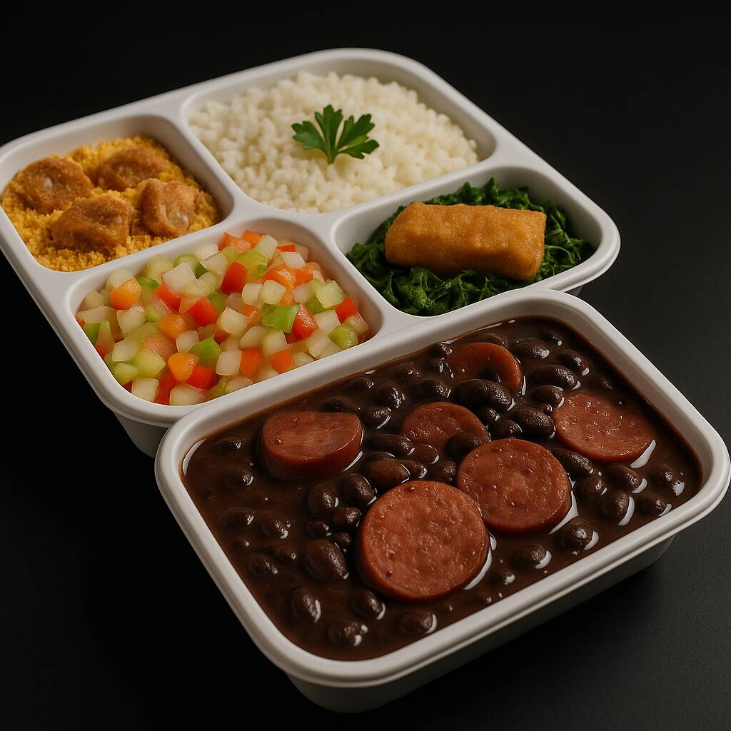 Feijoada magra: carne seca, lombinho fresco, costelinha suína, linguiça calabresa e linguiça paio. Acompanhado de: arroz branco, couve refogada na manteiga, torresmo, vinagrete e deliciosa farofa de chef. Pote de 500ml de feijoada exclusiva