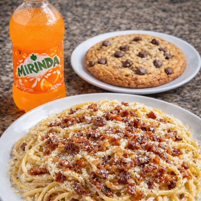 Pasta Carbonara con Refresco y Galleta