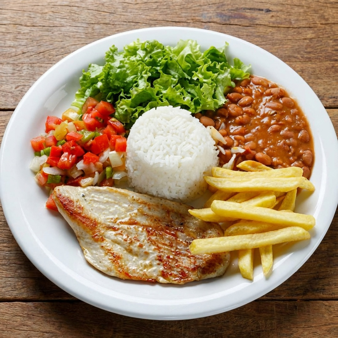 filé de frango, fritas, arroz, feijão e salada