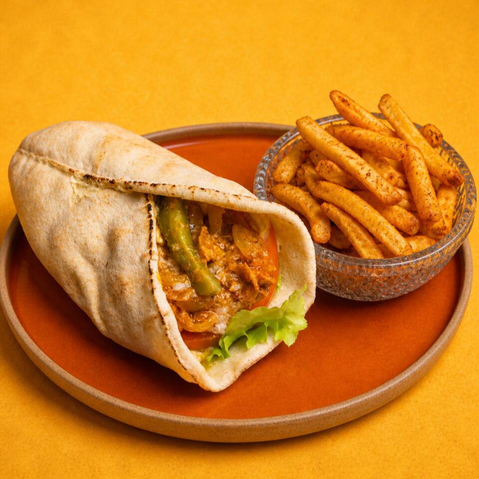 1 kebab de frango marinado na coalhada seca com especiarias + batata frita temperadinha (100g) Nosso de frango é com pão pitta, filé de frango marinado na coalhada com especiarias (leva lactose), hommus tahine, salada de alface e tomate com molho de alho e pickles de pepino. Uma verdadeira explosão de sabores!!!