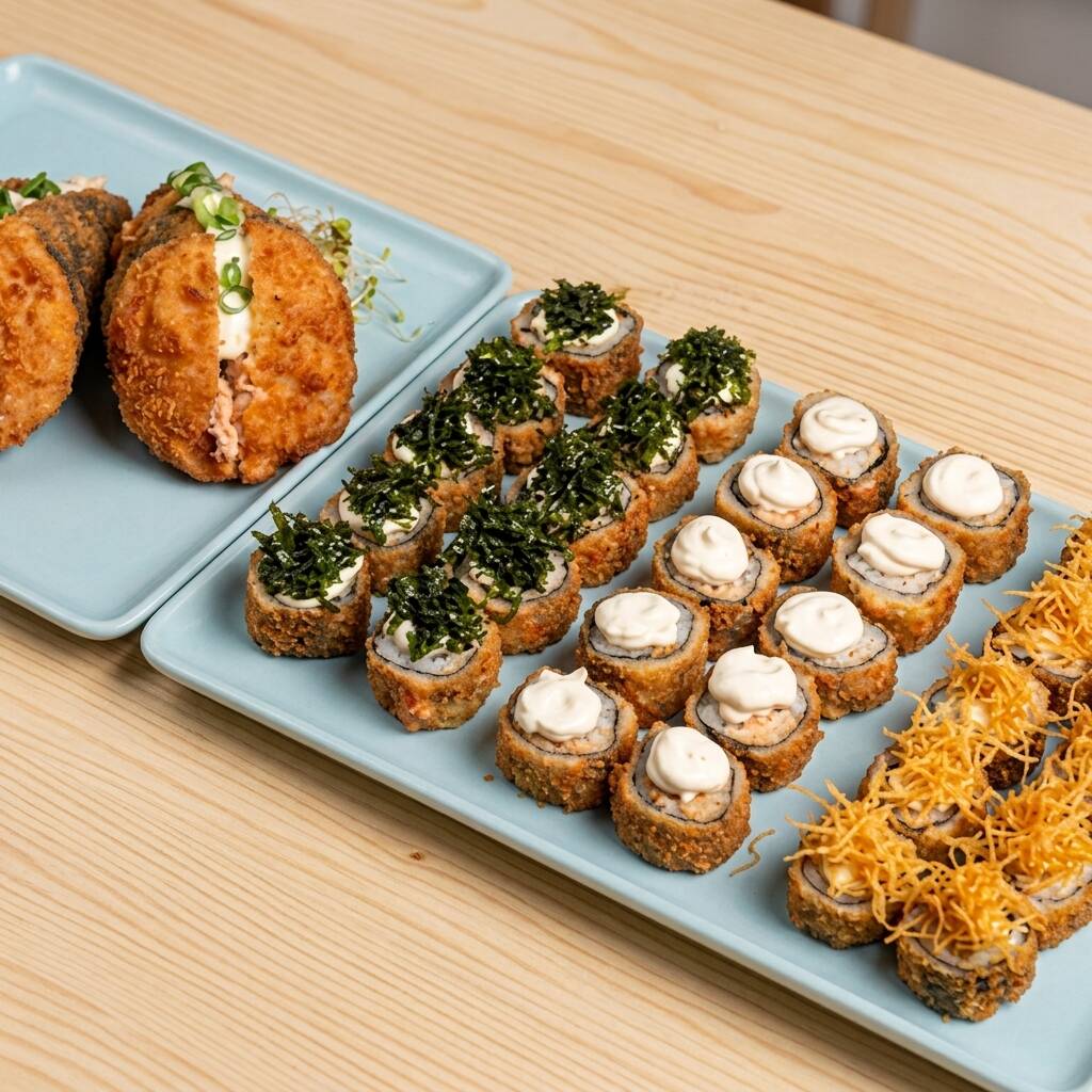 10 hot rolls tradicionais de cream cheese, 10 hot rolls de couve crispy, 10 hot rolls de Doritos e 2 temakis grelhados empanados. Acompanha 2 hashis, 2 saches de molho shoyo e 2 saches de tarê.