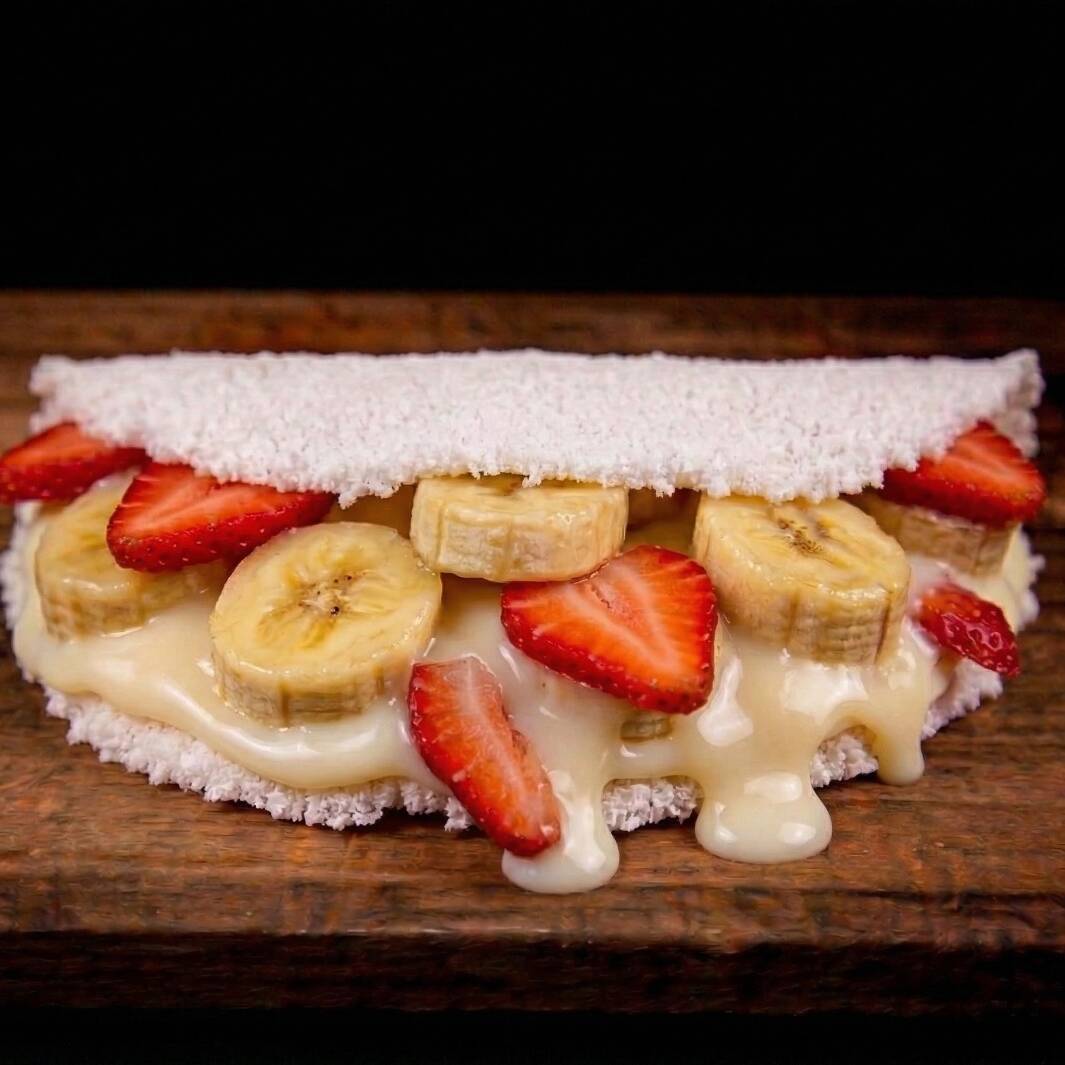 Tapioca recheada com banana, morango e leite condensado.